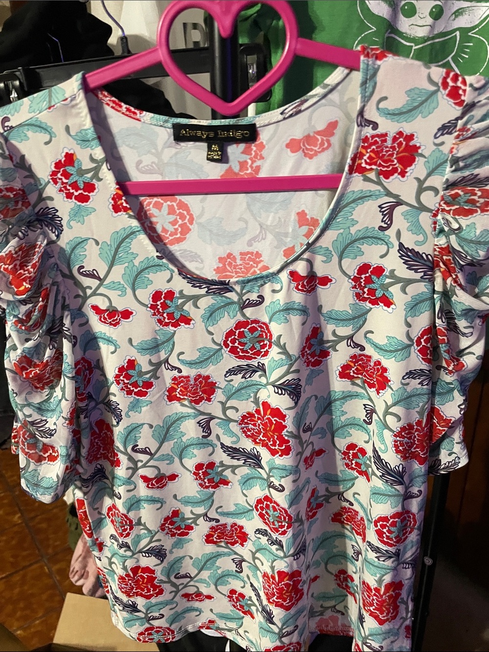 Always Indigo Floral Puff-Sleeve Blouse in White and Red